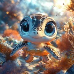 Adorable young sea turtle swimming underwater surrounded by colorful coral and bubbles with big expressive eyes