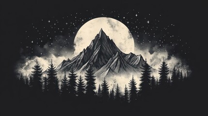 Monochrome illustration of a rugged mountain peak rising above a dense pine forest under a large full moon and a starry night sky