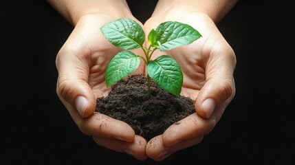 Two hands gently holding a small green plant with fresh leaves growing from dark soil, symbolizing growth and care against a black background
