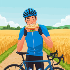 Cyclist Eating Sandwich in Field During Bike Ride Stop