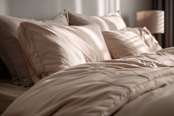 Close-up of a bed with comfortable light pink bed linen, pillows