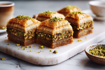 Traditional baklava sweets with pistachio served on a marble board on a marble table