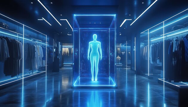 Futuristic clothing store interior with blue neon lights and a glowing human hologram display in the center, surrounded by organized fashion racks and reflective polished floor