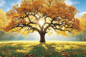 Golden Autumn Tree in Sunny Meadow