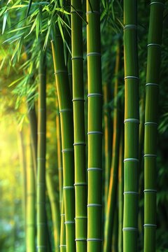 Close-up view of tall green bamboo stalks with leafy branches in soft natural light creating a serene and calming atmosphere