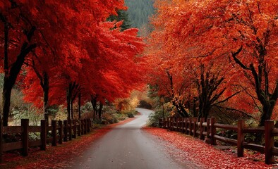 Autumn Road Lined With Red Trees