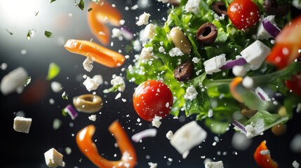 Flying salad toppings like feta cheese, olives, and tomatoes falling over greens