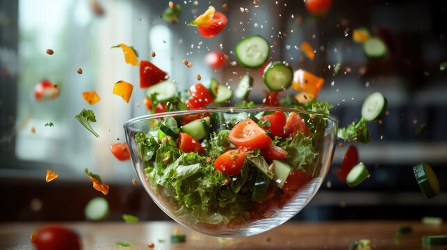 Fresh green salad in glass bowl with mixed vegetables like tomato, cucumber, and lettuce falling mid-air