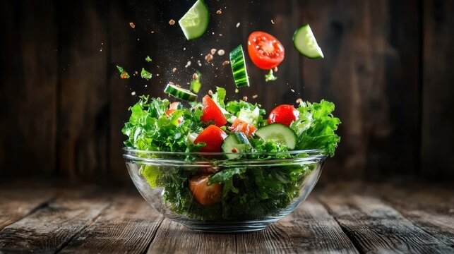 Fresh green salad in glass bowl with mixed vegetables like tomato, cucumber, and lettuce falling mid-air - Powered by Adobe