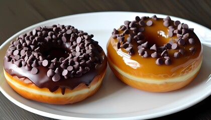 Delicious chocolate and caramel topped donuts on a plate bakery food photography indoor setting close-up shot