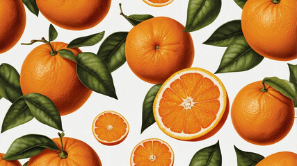 Fresh Vibrant Oranges, Whole & Sliced, with Green Leaves on Clean White Background Close-up