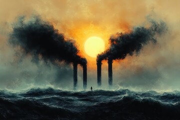 Person standing on turbulent waves facing four tall smokestacks emitting thick black smoke under an orange glowing sun amid a hazy sky
