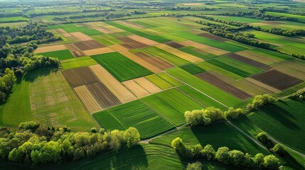 Aerial view of a vibrant and diverse patchwork of green and brown agricultural fields bordered by lush tree lines under clear daylight