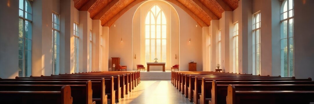 A modern, brightly lit church sanctuary with pews and an altar, ready for a worship service Perfect for concepts of faith, spirituality, and community , calm, community