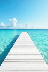Fototapeta premium A pristine white pier extends into a calm, blue ocean under a clear sky The wood is smooth and polished, reflecting the sunlight Ideal for serenity, summer, travel, and coastal themes , ocean, design