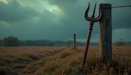 A rusty devil pitchfork leans against a weathered wooden fence post in a dimly lit field , landscape, rural, hell
