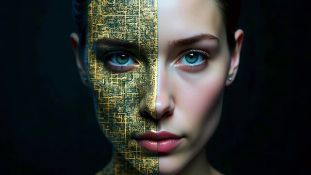 A captivating portrait of a woman with one half of her face covered in golden patterns, symbolizing the fusion of technology and humanity, set against a dark background