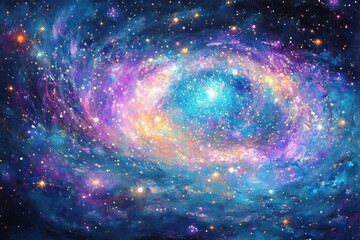 Fototapeta premium Colorful spiral galaxy with bright stars glowing in deep space showing swirling clouds of blue and purple cosmic dust