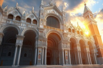 Obraz premium Majestic historic cathedral facade with intricate sculptures and arches illuminated by warm sunlight against a partly cloudy sky