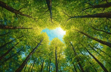 Obraz premium View of tall trees with lush green leaves forming a canopy under a bright blue sky with sunlight shining through, evoking a peaceful natural atmosphere
