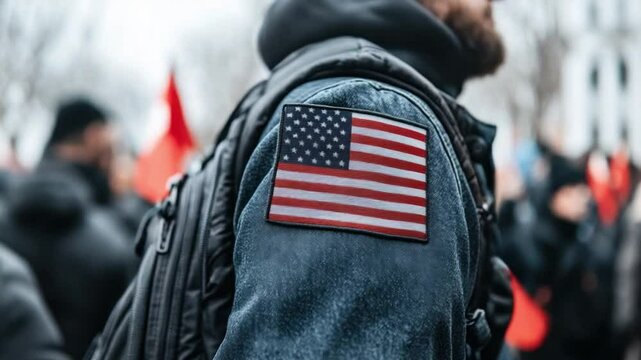Close-Up of American Flag Patch on Jacket at Public Gathering in Urban Environment