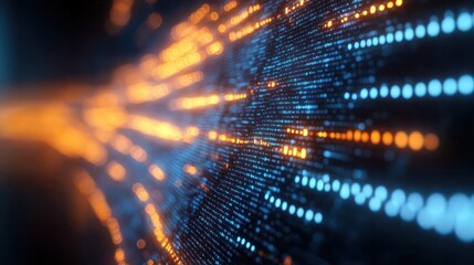 Abstract glowing digital data streams in orange and blue forming a futuristic technological pattern with depth and motion blur