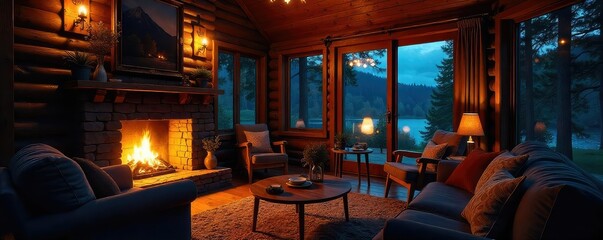 Naklejka premium Cozy cabin interior at night, illuminated by warm lamplight and fireplace glow, creating a relaxing and inviting atmosphere Perfect for travel, vacation, or real estate imagery , firelight, getaway