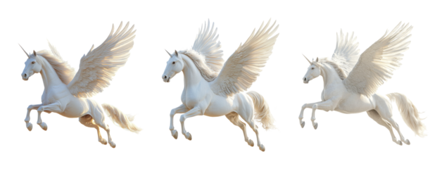 Majestic Winged Unicorns in Flight with Transparent Background