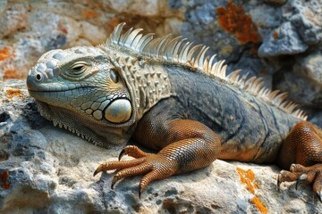 Obraz premium close up of a large iguana with textured scales resting on a rocky surface with its eyes partially closed appearing calm