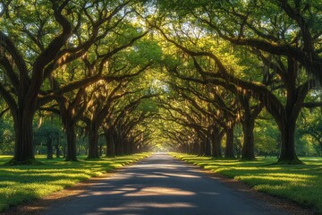 Sunlit tree-lined avenue with large sprawling branches creating a natural green canopy over a peaceful empty road