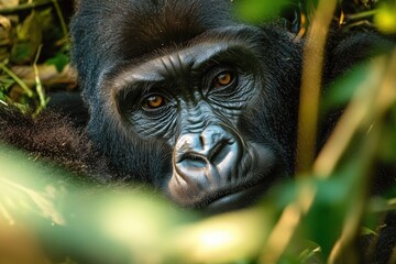 Fototapeta premium Close-up of a gorilla resting among green foliage with soulful eyes and detailed facial features conveying calmness and introspection