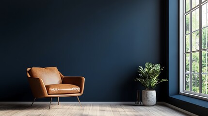 Cozy Interior Leather Armchair  Potted Plant by Window in Modern Home.