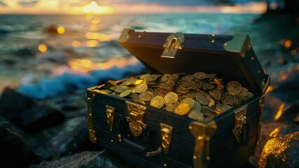 Treasure chest overflowing with gold coins on sunset beach — perfect for wealth, fantasy, or adventure-themed visuals.