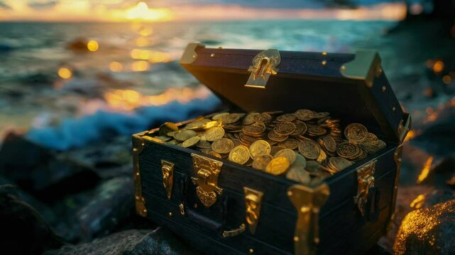 Treasure chest overflowing with gold coins on sunset beach &mdash; perfect for wealth, fantasy, or adventure-themed visuals.