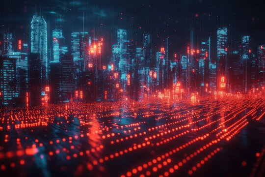 Futuristic cityscape with glowing skyscrapers illuminated in blue and red digital lights over a grid of vibrant red dots and lines, evoking a high-tech cyber atmosphere - Powered by Adobe