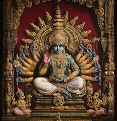 Intricately detailed golden idol with multiple arms seated in traditional pose on decorated throne against deep red background, surrounded by smaller figures