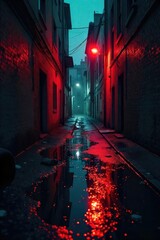 Rain-slicked city street at night, a single red light illuminates a pool of dark liquid Shadowy alleyway, urban decay, ominous atmosphere, crime scene , dark, wet