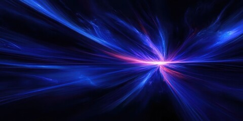 Abstract cosmic energy burst with vibrant blue and purple light beams radiating from a central glowing point against a dark background