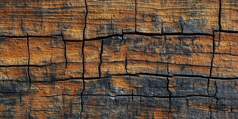 Fototapeta premium Close-up view of weathered and cracked burnt wood with varied shades of dark char and brown textures