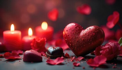 Romantic Valentine's Day scene with hearts, candles, and chocolates , adorable, intimacy, texture