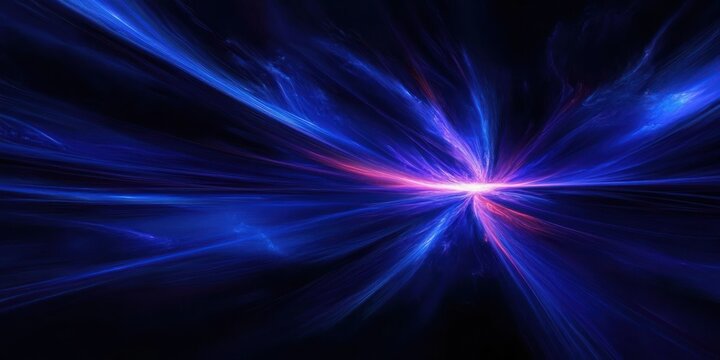 Abstract cosmic energy burst with vibrant blue and purple light beams radiating from a central glowing point against a dark background - Powered by Adobe
