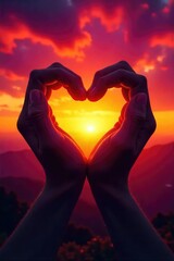 Silhouette of intertwined hearts against a vibrant sunset, symbolizing the spiritual connection and boundless nature of love , joy, compassion, unconditional love