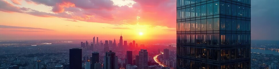 Fototapeta premium Sleek modern glass skyscraper office building reflecting the city skyline at sunset Perfect for corporate, real estate, and architecture projects , window, urban landscape, investment