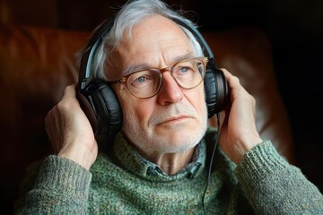 Thoughtful elderly man with glasses wearing a green knitted sweater listening to music on large black headphones while seated on a brown leather chair