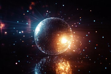 Shimmering disco ball emitting radiant light beams and colorful glowing particles in a dark space, creating a festive and vibrant atmosphere