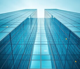Obraz premium Upward view of two tall modern glass skyscrapers with reflective blue windows under a clear sky, showcasing sleek architecture and geometric patterns