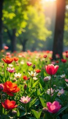 Fototapeta premium Vibrant spring blossoms in a lush garden bursting with colorful flowers and fresh green leaves, bathed in warm sunlight , colorful flowers, wallpaper