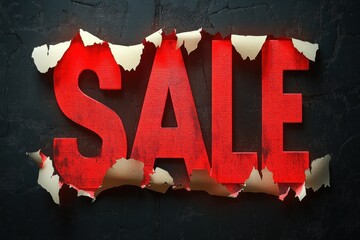 Large red sale text revealed through torn dark textured paper with dramatic lighting