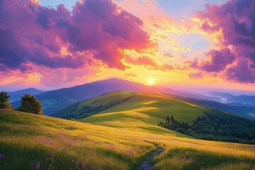 Sunset over rolling green hills with wildflowers in a vibrant sky filled with dramatic colorful clouds