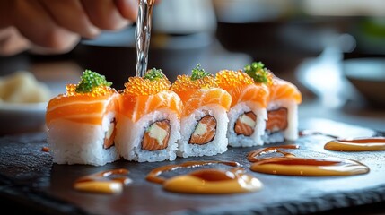 Hand pouring clear liquid over neatly arranged salmon sushi rolls topped with orange and green fish roe on a dark surface with sauce droplets around